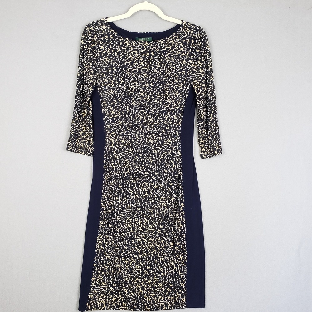 Ralph Lauren 6 Animal Print Panel Dress Black Tan Leopard Print Office Cocktail